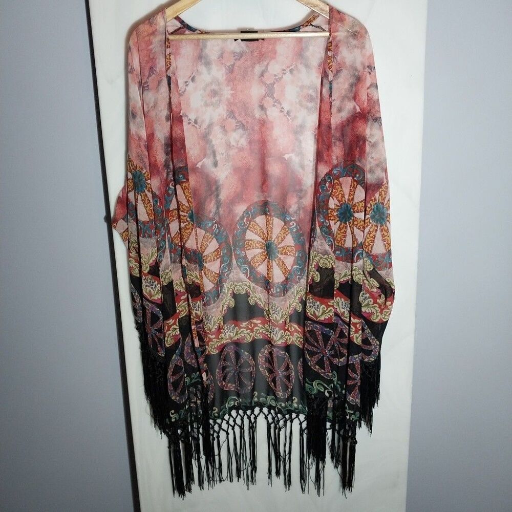 Boho Fringe Kimono Cardigan One Size Sheer Festival Medallion Print Wrap